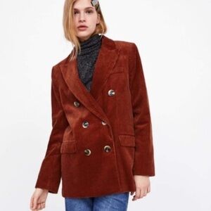 ZARA RUST COLOR CLASSIC CORDUROY DOUBLE BREAST SIX BUTTON BLAZER JACKET SZ S